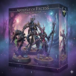 Peut inclure: Coffret de figurines miniatures de la collection "Apostle of Excess - Dark Legions". Les figurines sont détaillées avec des accents bleu foncé, violets et sarcelle. Une figurine tient une lance, et une autre est montée sur une créature avec un liquide vert.