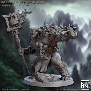 Miniatur eines zweiköpfigen Oger-Magiers – Held des Goraku-Clans – Handwerkergilde – Oni-Clan – Inklusive kostenloser Base – Hochwertiges ABS-Resin, 28–32 mm
