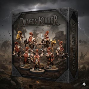 Puede incluir: Un juego de figuras en miniatura titulado "Dragon Killer" que presenta guerreros enanos con cabello y barbas rojas, empuñando hachas y otras armas. La caja tiene un diseño oscuro y texturizado con las palabras "Giant Killer" en el lateral.
