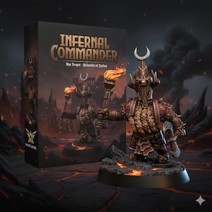 Puede incluir: Figura en miniatura de un guerrero con armadura de bronce y granate, sosteniendo una antorcha en llamas y un arma. La figura está sobre una base negra con textura de lava. La caja dice "Infernal Commander: War Despot - Helmsmiths of Hashut."