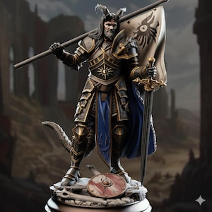 May include: A detailed figurine of a warrior in ornate black and gold armor, holding a flag with a stylized emblem and a sword. The figure has long hair, horns, and a tail, with a blue cape and a small shield at its feet. The background suggests a fantasy setting.