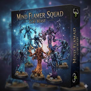 Peut inclure: Un coffret de figurines miniatures "Mind Flamer Squad Clay Beast". Les figurines sont de différentes couleurs, dont le bleu, l'orange et le violet, et sont posées sur de petites bases rondes. La boîte porte le titre "Mind Flamer Squad Clay Beast" sur le devant.