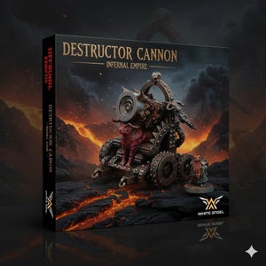 May include: A product box for the Destructor Cannon from Infernal Empire. The box features a detailed illustration of the cannon, a bull-like creature, and a miniature figure. The color scheme is dark with fiery orange and red accents.