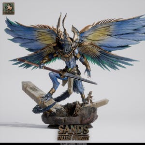 May include: A detailed figurine of a winged humanoid creature, predominantly blue with gold accents. It holds a spear and stands on a stone base with the text "Sands of the Fallen Dynasty". The wings are blue, green, and yellow.