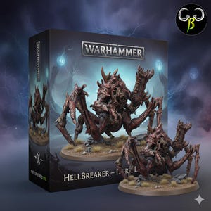 Puede incluir: Una figura en miniatura de Warhammer Hellbreaker, una criatura detallada de color rojo y marrón con múltiples patas y una apariencia amenazante. La figura está sobre una base circular, con una caja en el fondo que muestra el logotipo de Warhammer y el nombre "Hellbreaker - LRL".