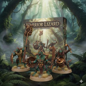 Può includere: Un set di scatole di figurine in miniatura intitolato "Warrior Lizard" con il testo "Seration Terradon Riders". Il set include diversi guerrieri simili a lucertole, dettagliati e dipinti in tonalità di verde, marrone e oro, in posa con armi e scudi. Lo sfondo è una scena della giungla.