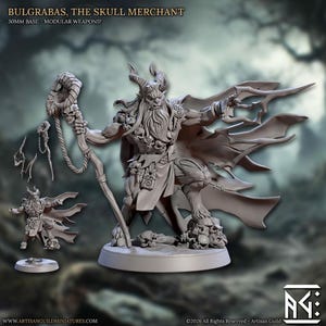 Puede incluir: Una figura miniatura de resina gris titulada BULGRABAS, THE SKULL MERCHANT, que muestra un personaje barbudo con cuernos, un bastón, calaveras y una capa fluida sobre una base de 30mm. Incluye armas modulares y texturas detalladas.