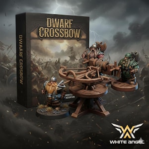 May include: A product box and miniature figurines of dwarves and a crossbow. The box reads "Dwarf Crossbow" in gold lettering. The figurines are detailed with axes and armor. The background depicts a battle scene with a stormy sky.