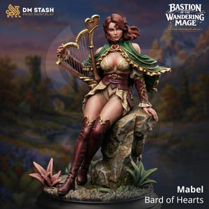 May include: A detailed figurine of Mabel, Bard of Hearts, holding a golden harp. She wears a green cape, a cream-colored outfit, and burgundy boots. The figure is posed on a rock, with the text "DM STASH" and "Bastion of the Wandering Mage" visible.