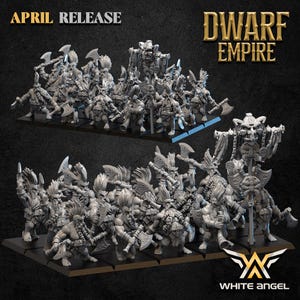 Puede incluir: Dos conjuntos de figuras en miniatura de enanos grises, cada uno sobre una base negra. Los enanos están armados con hachas y otras armas. El texto "APRIL RELEASE" y "DWARF EMPIRE" están en la parte superior. El logotipo de White Angel está en la parte inferior.