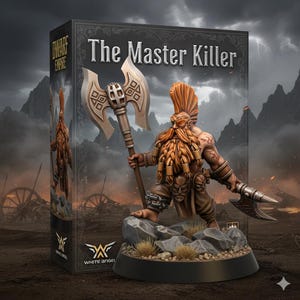 Può includere: Figura in miniatura dettagliata di un guerriero nano, "The Master Killer", con una grande ascia. La figura ha barba e cresta rosse, con armature e tatuaggi intricati. La scatola del prodotto è visibile, con il logo "Dwarf Empire" e il marchio White Angel.