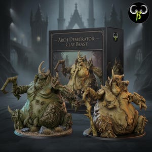 May include: Three detailed, grotesque clay beast figurines in shades of green and tan, with horns and claw-like appendages. The figures are posed on circular bases, with a box in the background labeled "Arch Desecrator Clay Beast."