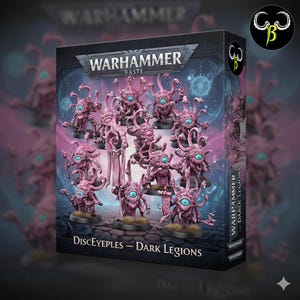Peut inclure: Un coffret de figurines Warhammer avec des DiscEyeples des Dark Legions. Les figurines sont roses avec de multiples tentacules et un œil bleu central. La boîte porte le logo Warhammer et le texte "DiscEyeples - Dark Legions".