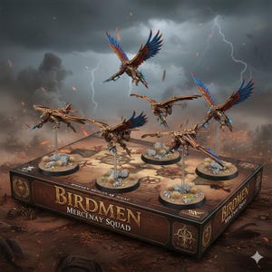Op de afbeelding: Een doos met Birdmen Mercenay Squad miniaturen. De figuren hebben bronskleurige lichamen met blauwe en rode vleugels en zijn in vlucht afgebeeld. De doos is bruin met de tekst "Birdmen Mercenay Squad".