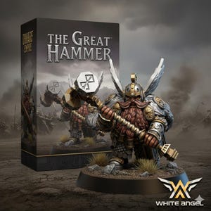 Könnte beinhalten: Detaillierte Miniaturfigur eines Zwergenkriegers, der einen großen Hammer hält. Die Figur hat einen langen roten Bart, einen Helm mit Flügeln und ist in silberner Rüstung gekleidet. Die Box trägt die Aufschrift "The Great Hammer".