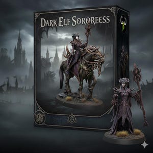Può includere: Una miniatura di una Dark Elf Sorceress a cavallo di un cavallo scheletrico, con una figura corrispondente accanto alla scatola. La scatola presenta il testo "Dark Elf Sororeess" e uno sfondo di castello gotico. Le figure sono prevalentemente viola scuro e marroni.