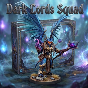 May include: A miniature figurine titled Dark Lords Squad featuring a blue-skinned creature with large feathered wings, glowing orange eyes, and gold armor. The figure holds a staff topped with a purple orb and stands before a box with matching art.