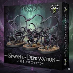 Może przedstawiać: Pudełko produktu z trzema szczegółowymi figurkami miniaturowymi "Spawn of Depravation" z "Clay Beast Creation". Figurki są ciemnofioletowe z zielonymi akcentami, osadzone na teksturowanych podstawach. Pudełko zawiera nazwę produktu i logo.