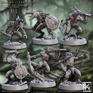 Può includere: Un set di sei miniature di lucertole grigie non dipinte etichettate Falgor Lizardlings, con basi da 30 mm e giunti sferici modulari. Le figure sono raffigurate in varie pose di combattimento, alcune con scudi, lance o telescopi, con dettagli rettiliani e armature.