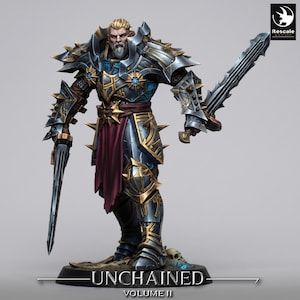 Puede incluir: Figura detallada de un guerrero con armadura plateada y dorada adornada, sosteniendo dos espadas. La figura tiene una expresión severa, una larga barba gris y está posada sobre una base con el texto "UNCHAINED VOLUME II".