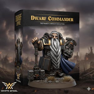 Peut inclure: Figurine miniature détaillée d'un Commandant Nain de la collection March Campaign. La figurine porte une armure noire avec des détails dorés, une longue barbe blanche et une cape bleue. La boîte indique "Dwarf Commander" et "White Angel".