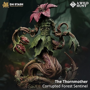 May include: A detailed miniature figure of "The Thornmother, Corrupted Forest Sentinel." The figure features a floral head, leafy skirt, and thorny details. The color palette includes shades of green, brown, and pink, with a dark background. Logos for "DM STASH" and "A WILD HUNT" are visible.