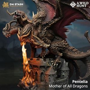 Puede incluir: Figura detallada de un dragón de tres cabezas, posado sobre una estructura similar a un castillo. El dragón es marrón con detalles rojos, y las llamas brotan de una cabeza. El texto "Pentelia Mother of All Dragons" es visible.