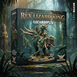 Könnte beinhalten: Eine Produktverpackung für ein Rex Lizard King Lizardmen Miniatur-Set. Die Box zeigt eine Illustration einer grünen echsenartigen Kreatur mit einem Reiter, der einen Speer hält, auf einem felsigen Sockel. Text: "Rex Lizard King", "Lizardmen" und "White Angel".