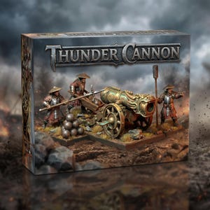May include: Box art for "Thunder Cannon" miniature game. The box shows a detailed miniature cannon with dragon-like features, surrounded by miniature figures in armor and hats. The cannon is bronze-colored, and the figures are in red and silver armor.