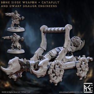 May include: A detailed, gray miniature catapult with bone-like structures, wheels, and a rope mechanism. Two dwarf figurines are positioned near the catapult. The text at the top reads "BONE SIEGE WEAPON + CATAPULT AND DWARF DRAUGR ENGINEERS."