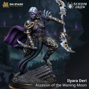 Drow Rogue Miniature - Female Moon Assassin with Twin Blade Glaive for DnD and Pathfinder [DM-SD-H-27] - Free Base Included