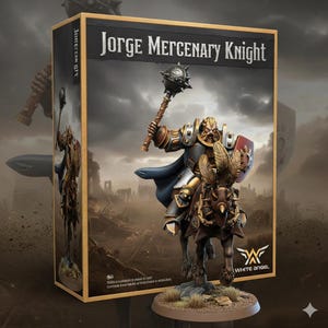 May include: A boxed miniature figure of Jorge Mercenary Knight, a warrior in gold and black armour, holding a mace and shield, mounted on a horse. The box displays the text "Jorge Mercenary Knight" and the White Angel logo. The background shows a ruined city.