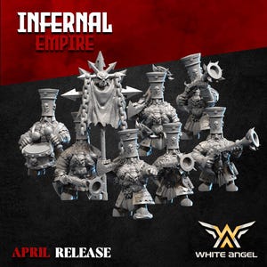 May include: A group of miniature figurines, possibly for tabletop gaming, with detailed armour and weapons. The figures are in various poses, some holding instruments. The text "INFERNAL EMPIRE" and "APRIL RELEASE" are visible.