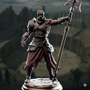 Puede incluir: Figura detallada de un guerrero con armadura de batalla, sosteniendo una gran hacha. La figura está vestida con una armadura de metal oscuro con detalles en rojo y marrón, y se encuentra sobre una base de piedra. El fondo muestra un paisaje borroso.