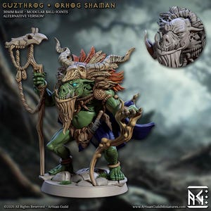 Może przedstawiać: Zielona figurka fantasy Guzthrog + Orhog Shaman, z laską i nakryciem głowy w kształcie czaszki. Postać ma długą brodę i nosi niebieską pelerynę. Podstawa ma 30 mm. Tekst brzmi "GUZTHROG + ORHOG SHAMAN".