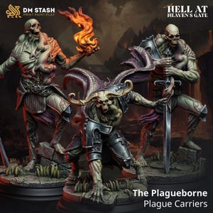 May include: Three detailed miniature figures of Plague Carriers. One figure holds a flaming orange orb, another wields a sword, and the third has large horns. The figures are green and grey, with skeletal features and armour. The text "The Plagueborne Plague Carriers" is at the bottom.