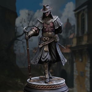 May include: A detailed figurine of a man in a dark coat, hat, and boots, holding a cane. The figure has a stern expression and is standing on a circular base with intricate designs. The color palette includes shades of brown, black, and burgundy.