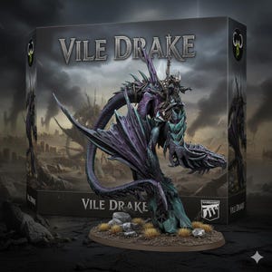 Könnte beinhalten: Detaillierte Miniatur eines Vile Drake, einer Fantasie-Kreatur mit lila und türkisblauen Flügeln und Körper, geritten von einem Krieger. Das Modell steht auf einer braunen Basis mit spärlicher Vegetation. Die Box trägt die Aufschrift "Vile Drake" und zeigt einen stürmischen Himmel.