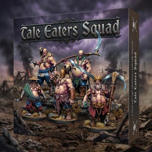 Può includere: Un set di scatole con cinque miniature di Ogre multi-parte. La confezione presenta la "Tale Eaters Squad" con figure dettagliate che brandiscono varie armi. Lo sfondo mostra un paesaggio devastato dalla guerra. Montaggio richiesto.