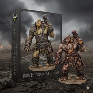 May include: A detailed miniature figure of an Iron Horde Clay Beast warrior, with a large club, armor, and a long beard. The figure is displayed next to its box, which has the text "Iron Horde - Claest" and "Iron Hoorder - Clay Beast".