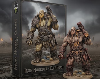 May include: A detailed miniature figure of an Iron Horde Clay Beast warrior, with a large club, armor, and a long beard. The figure is displayed next to its box, which has the text "Iron Horde - Claest" and "Iron Hoorder - Clay Beast".