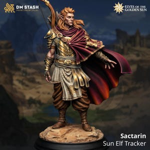Puede incluir: Figura en miniatura detallada de Sactarin, un rastreador elfo del sol, con largo cabello rojizo y un arco. Viste armadura dorada, una capa burdeos y pantalones marrones. La figura está sobre una base rocosa, con el texto "Elves of the Golden Sun" y "DM STASH".