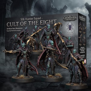 May include: A box set of Silk Hunter Squad Cult of the Eight miniatures featuring 10 multi-part figures. The box displays the title and a spider logo, showing painted figures in dark armor with teal accents, capes, and crossbow-like weapons.