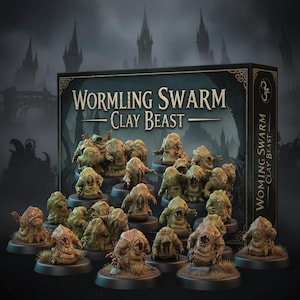 Könnte beinhalten: Eine Sammlung von Tonfiguren, mit dem Text "Wormling Swarm - Clay Beast" auf der Box. Die Figuren sind in verschiedenen Braun- und Beigetönen gehalten und weisen detaillierte Merkmale auf. Der Hintergrund zeigt eine dunkle, gotische Landschaft.