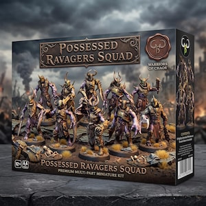 Puede incluir: Un set de caja titulado Possessed Ravagers Squad que contiene nueve figuras en miniatura muy detalladas de Warriors of Chaos. El empaque presenta ilustraciones de criaturas con cuernos, piel morada y armaduras metálicas en un campo de batalla.