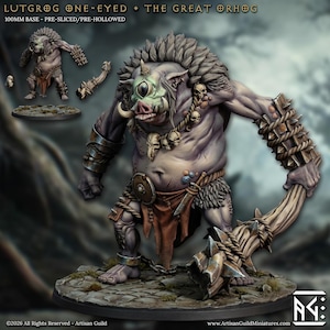 Puede incluir: Figura en miniatura detallada de Lutgrog One-Eyed, una criatura de fantasía con cara verde, colmillos y un solo ojo. La figura es musculosa, con una maza y un collar de calaveras. La base es de 100 mm. El texto dice "LUTGROG ONE-EYED + THE GREAT ORHOG".