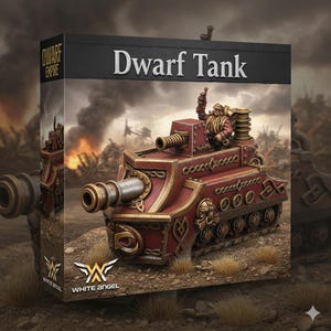 Puede incluir: Modelo de un tanque enano en una caja. El tanque es rojo con detalles dorados y un cañón grande. Una figura enana en miniatura es visible en la torreta. La caja tiene el texto "Dwarf Tank" y el logo White Angel.