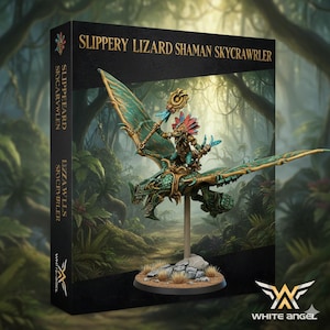 May include: A box featuring a miniature figure of a lizard-like creature with a rider, labeled "Slippery Lizard Shaman Skycrawrler." The figure is green and gold, with a detailed design. The box has the White Angel logo.