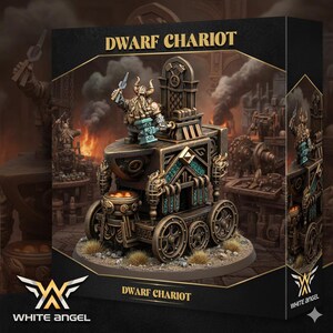 Puede incluir: Modelo en miniatura detallado de un Carro Enano, con una figura de enano barbudo con un martillo y una herramienta. El carro es de color bronce con diseños intrincados, ruedas y un trono. La caja incluye el texto "Dwarf Chariot" y el logo White Angel.