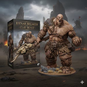 May include: A detailed clay beast figurine, the Jotnar Breaker, stands prominently, holding a bone weapon. The figure is brown with intricate details, and is displayed next to its box. The box features the text "JOTNAR BREAKER - CLAY BEAST -."